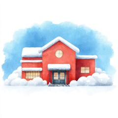 Naklejka premium Cozy Snowy House with Snow-Covered Roof in Winter