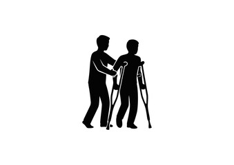 A caregiver provides support and assistance to a disabled individual on crutches, illustrating compassion and physical therapy