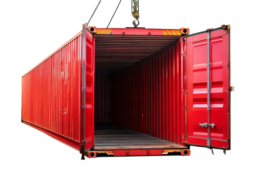 Empty Red Shipping Container with Removed Side Wall During Transportation with Crane Hook isolated on transparent or white background