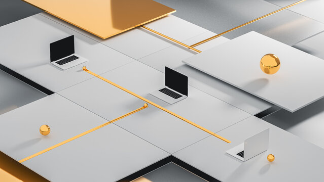 Innovative technology setup with laptop on abstract geometric design