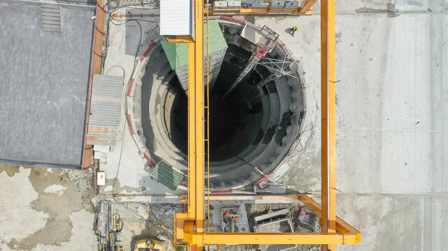 Overhead View of Circular Tunnel Shaft and Crane Structure