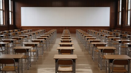 Empty classroom with rows of desks offers a versatile backdrop for education or training concepts