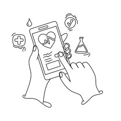 Digital Healthcare: Hands Interacting with Smartphone Displaying Heartbeat and Medical Icons.