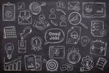 Business development seamless set on black background. Sketch of employee, achievement, graphic, business, management, innovation on chalk board. Line art of business management on black board