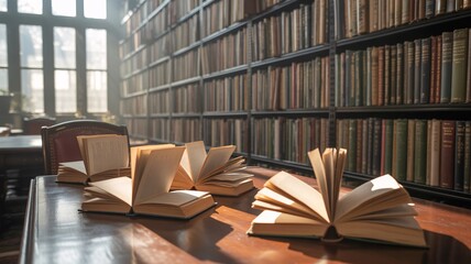 Explore vintage books on a wooden table in a sunlit library for research inspiration and learning