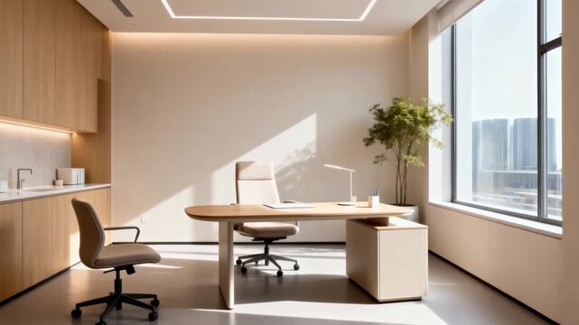 bright clean consulting room with minimalist furniture, soft sunlight, calm color palette, commercial interior, hypnotherapy mind focus concept