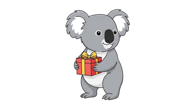 Cute cartoon koala bear standing and holding a red gift box with a yellow ribbon