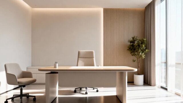 bright clean consulting room with minimalist furniture, soft sunlight, calm color palette, commercial interior, hypnotherapy mind focus concept