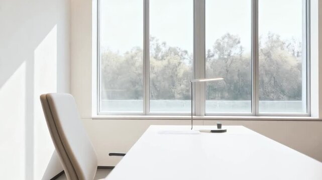 bright clean consulting room with minimalist furniture, soft sunlight, calm color palette, commercial interior, hypnotherapy mind focus concept