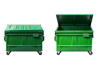 Open and closed green dumpster - 3D illustration , isolated on transparent or white background