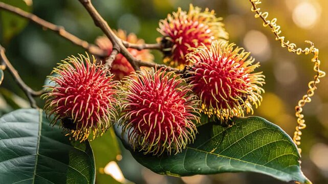 Exotic Rambutan Fruits Growing on a Tree Branch in Tropical Sunlight.