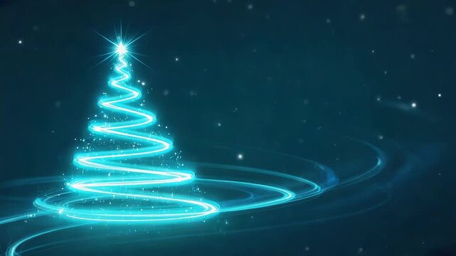 glowing spiral light trail forms the shape of a Christmas tree on magical blue background
