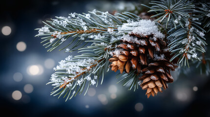 Snowy Pine Cones on Evergreen Branch