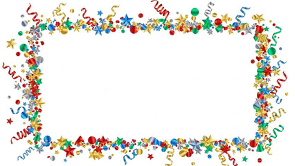 Colorful festive border frame made of confetti, streamers, stars, and baubles for holiday celebration announcement or greeting card design