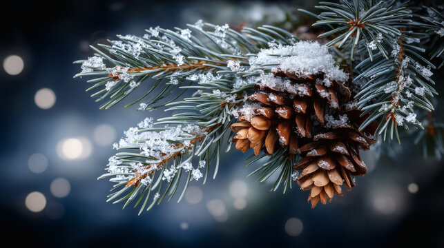 Snowy Pine Cones on Evergreen Branch