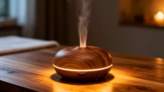 essential oil diffuser emitting soft mist, warm ambient lighting, wooden tabletop, spa like atmosphere, mind relaxation hypnotism concept