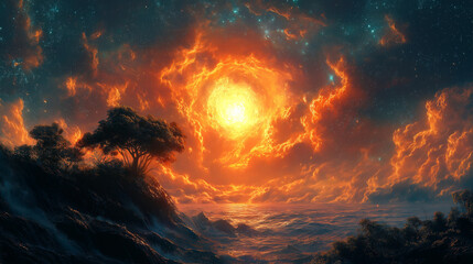 Fototapeta premium 霧と光に包まれた空想の村と金色の夕日が照らす絶景｜幻想建築と自然が織りなす夢の情景｜霧の村、幻想住宅、光と影、ファンタジー世界、夕日の魔法