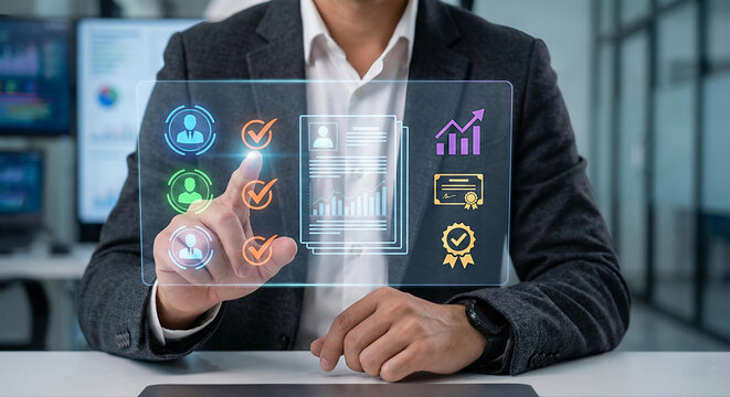 Businessman interacting with futuristic digital interface showing business metrics