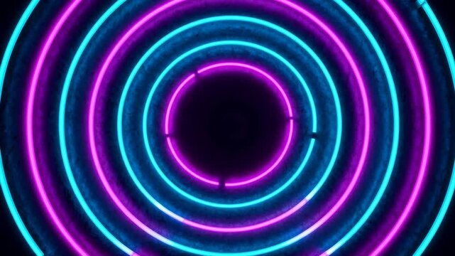 concentric neon rings glowing on dark background, equal spacing, high contrast, futuristic clean look, hypnotism day concept