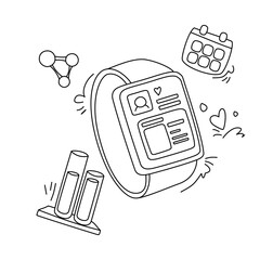 Smartwatch with Profile, Calendar, Molecule, and Test Tubes in Line Art