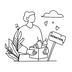 Person Offering Donations with Sign, Hearts, and Plant in Simple Black and White Illustration.
