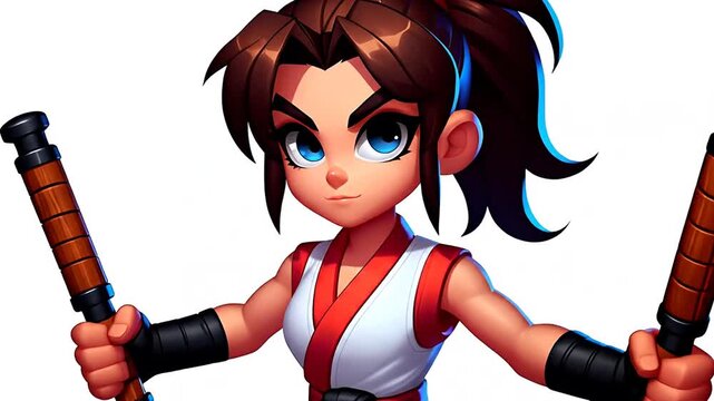 Cartoon Girl Holding Nunchucks Poses on White Background