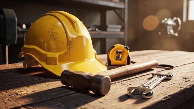Safety helmet and tools on workshop bench with sunlight illumination