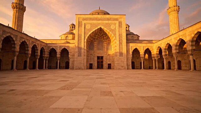 Architectural Mosque Exterior at Sunset with Geometric Patterns