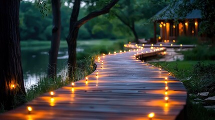 A wooden pathway with lights leads to a gazebo in a garden setting at dusk. The scene is illuminated by warm lights, creating a romantic ambiance.