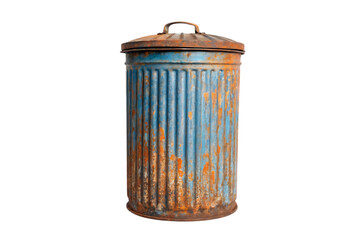 A slightly rusted blue metal trash can with a lid on top isolated on a white background view