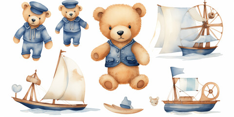 Baby Sailor Bear Watercolor Set & Marine Vessels