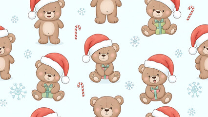 Fototapeta premium Christmas bears wearing Santa hats and holding gifts.
