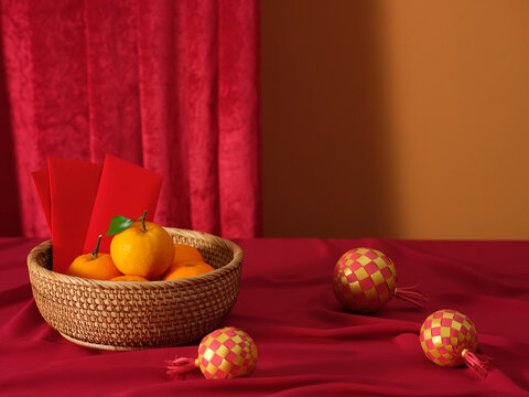 Lunar New Year still life featuring tangerines and red envelopes - Powered by Adobe
