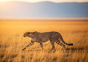 Majestic cheetah gracefully strides across golden savanna at sunrise casting a warm glow over the tall grass with distant mountains in the background creating a stunning wildlife scene