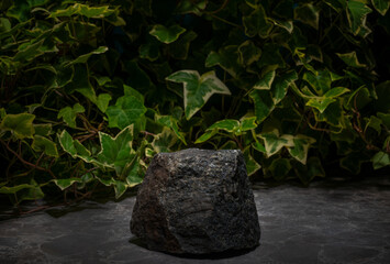 A podium backdrop with natural stones for the presentation of medical products, cosmetics, beverages, perfumes, and jewelry.