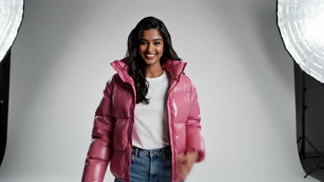 Smiling woman wearing puffy pink winter jacket in studio setting with soft lighting