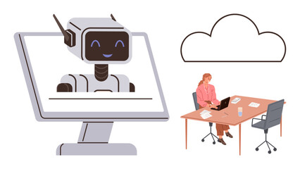 Smiling AI robot on screen interacts with female professional at desk using laptop under a cloud icon. Ideal for AI, digital tools, teamwork, cloud computing, innovation, automation, remote work