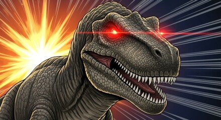 Fearsome Tyrannosaurus Rex with Glowing Red Eyes and Fiery Background.