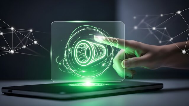 Futuristic technology hand interacting with holographic display above smartphone connected network