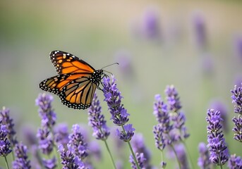 Obraz premium Monarch Butterfly Sipping Nectar from Lavender Flowers in a Summer Garden a Scene of Pollination and Natural Beauty Perfect for Environmental and Nature Themed Projects