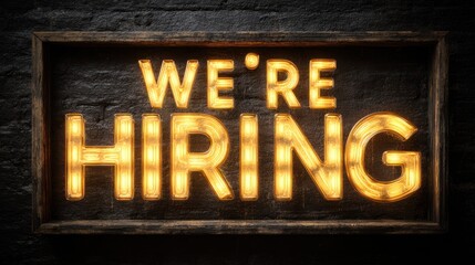 Illuminated sign stating "We're Hiring" with a wooden frame against a dark, textured background