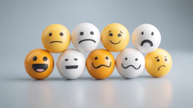 Assorted eggs with various emoticon faces representing emotional expressions in fintech decision-making illustration