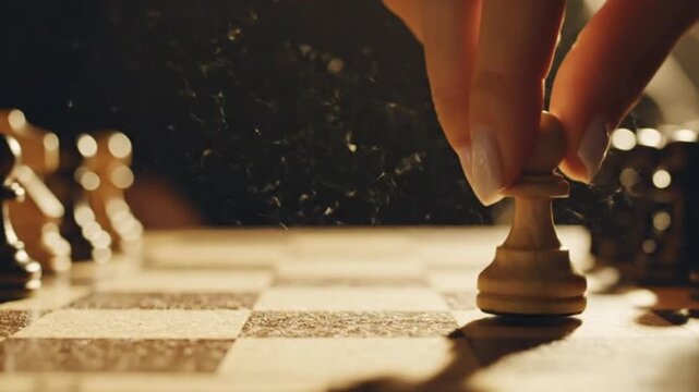 Strategic chess match indoor setting photography close-up view intense competition