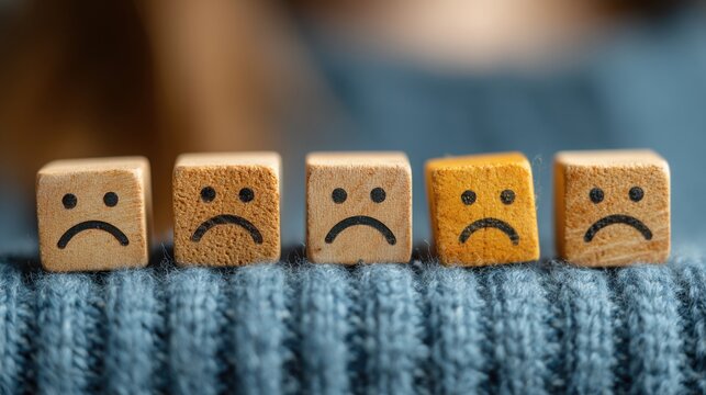 Row of wooden blocks featuring sad faces representing user emotions in financial technology dashboard concept