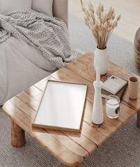 Wooden frame mockup close up in living room laying on the coffee table with decor, 3d render
