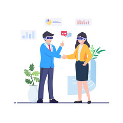 Business professionals shaking hands wearing virtual reality headsets in a digital workspace.