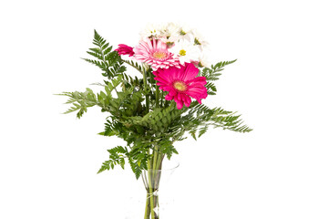 A bouquet of pink Gerbera and white Daisy and fern greenery isolated on white