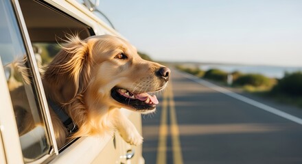 Golden retriever dog looking out of a classic van window on an open road for adventure and freedom concept during a sunny summer day