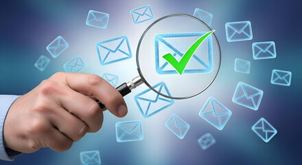 Businessman holding a magnifying glass over a validated email icon representing digital communication security and verification.