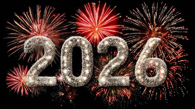 Sparkling digits spelling out "2026" against a backdrop of exploding colorful fireworks on a dark background